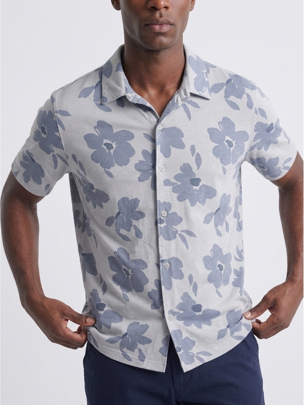 Vince Men’s S Pima Cotton Floral Short Sleeve Button Up Shirt Blue Gray